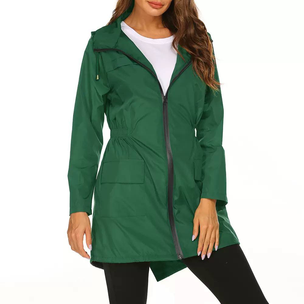Women’s Hooded Mid-Length Rain Jacket | Drawstring Waist & Zip Front