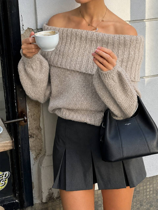 Women’s Off-Shoulder Knitted Sweater | Fold-Over Neck Relaxed Fit Jumper