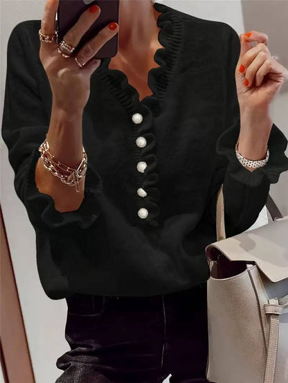 Women’s Scalloped V-Neck Blouse | Pearl-Style Button Long Sleeve Top
