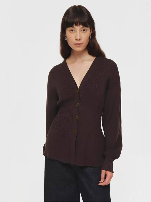 Women’s V-Neck Button-Front Knitted Cardigan | Ribbed Waist Sweater