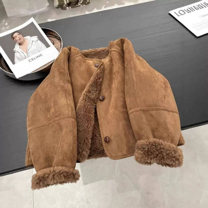 Women’s Faux Suede Jacket | Shearling Trim Casual Jacket