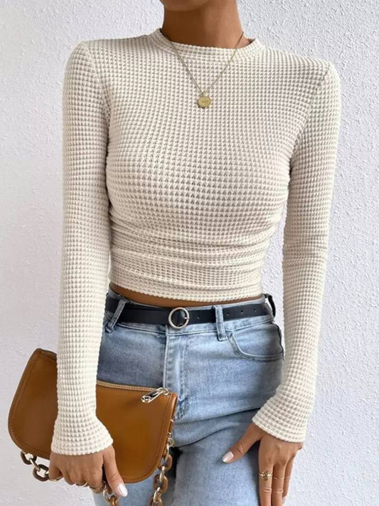Textured Waffle Knit Long Sleeve Top with Crew Neck and Fitted Silhouette