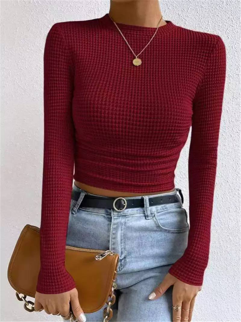 Textured Waffle Knit Long Sleeve Top with Crew Neck and Fitted Silhouette