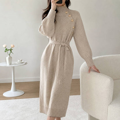 Women’s Elegant High Neck Button Detail Belted Knit Midi Dress