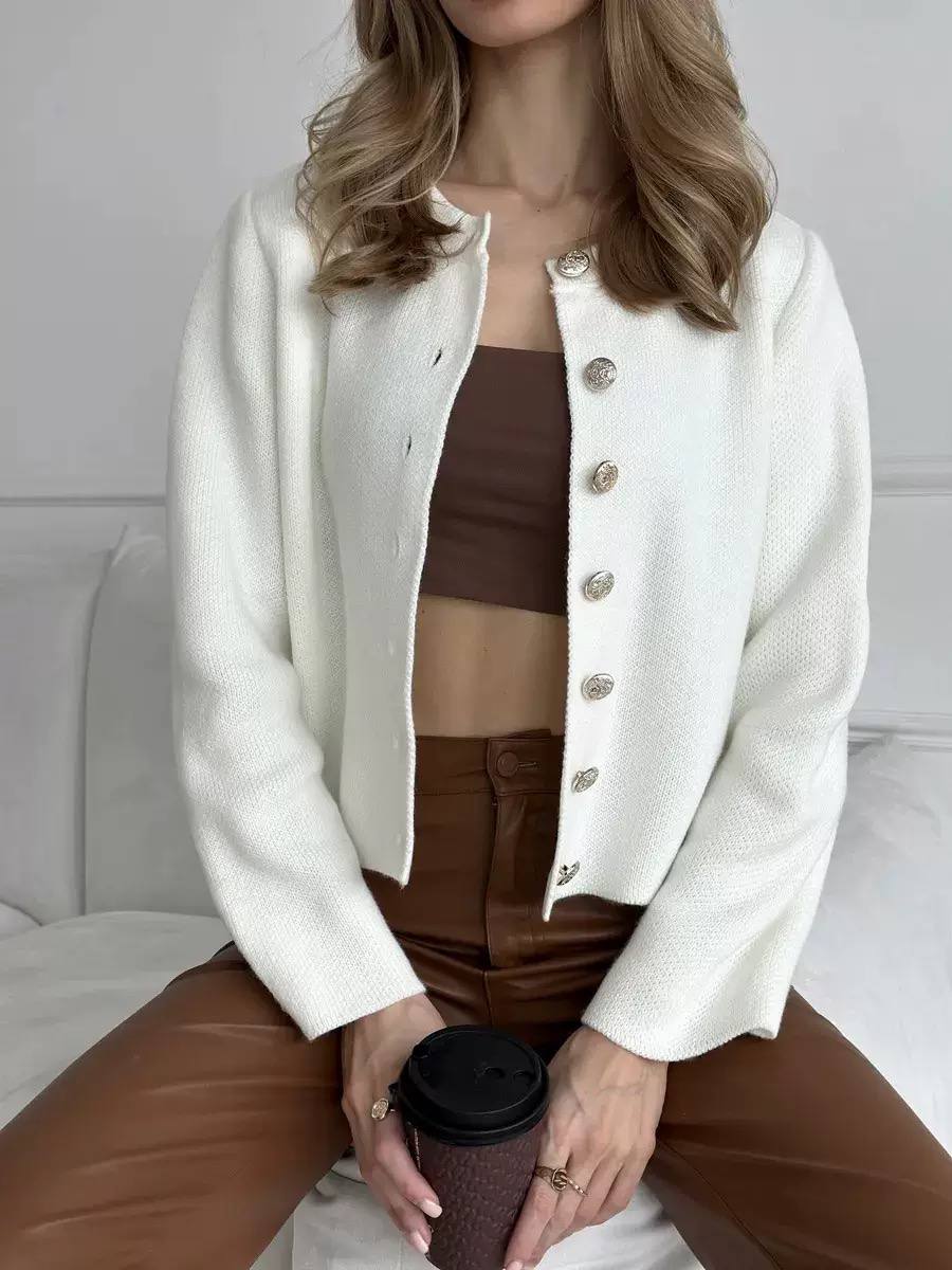 Women’s Elegant Round Neck Button Front Tailored Knit Cardigan