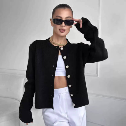 Women’s Elegant Round Neck Button Front Tailored Knit Cardigan