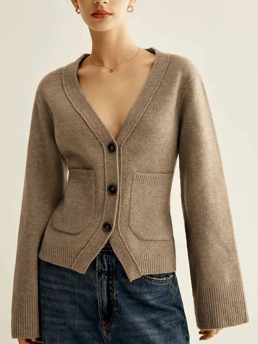 Women’s Relaxed V-Neck Button Front Knit Cardigan with Patch Pockets