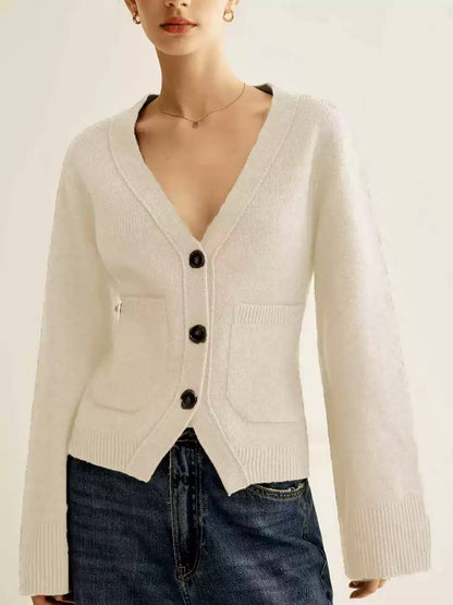 Women’s Relaxed V-Neck Button Front Knit Cardigan with Patch Pockets