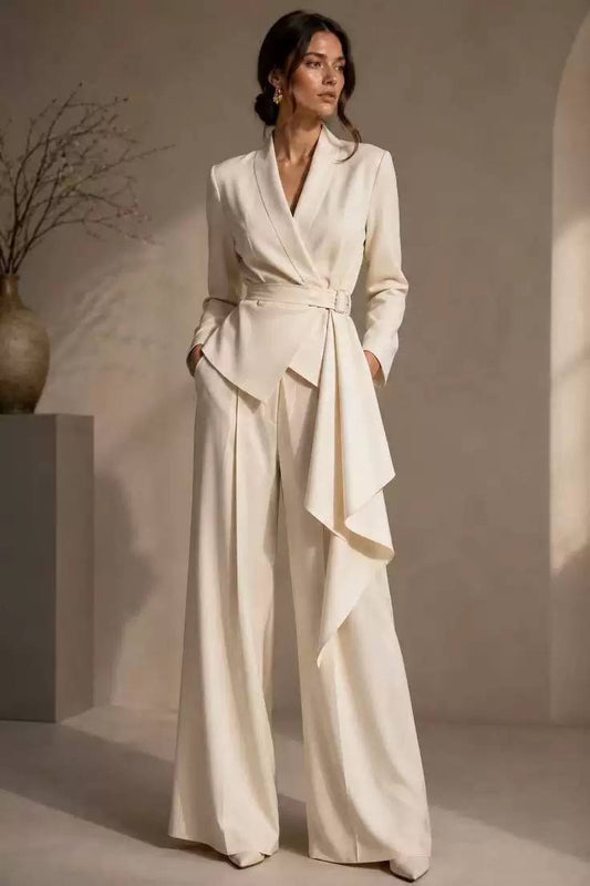 Women’s Elegant Wrap-Front Blazer & Wide-Leg Trousers Set
