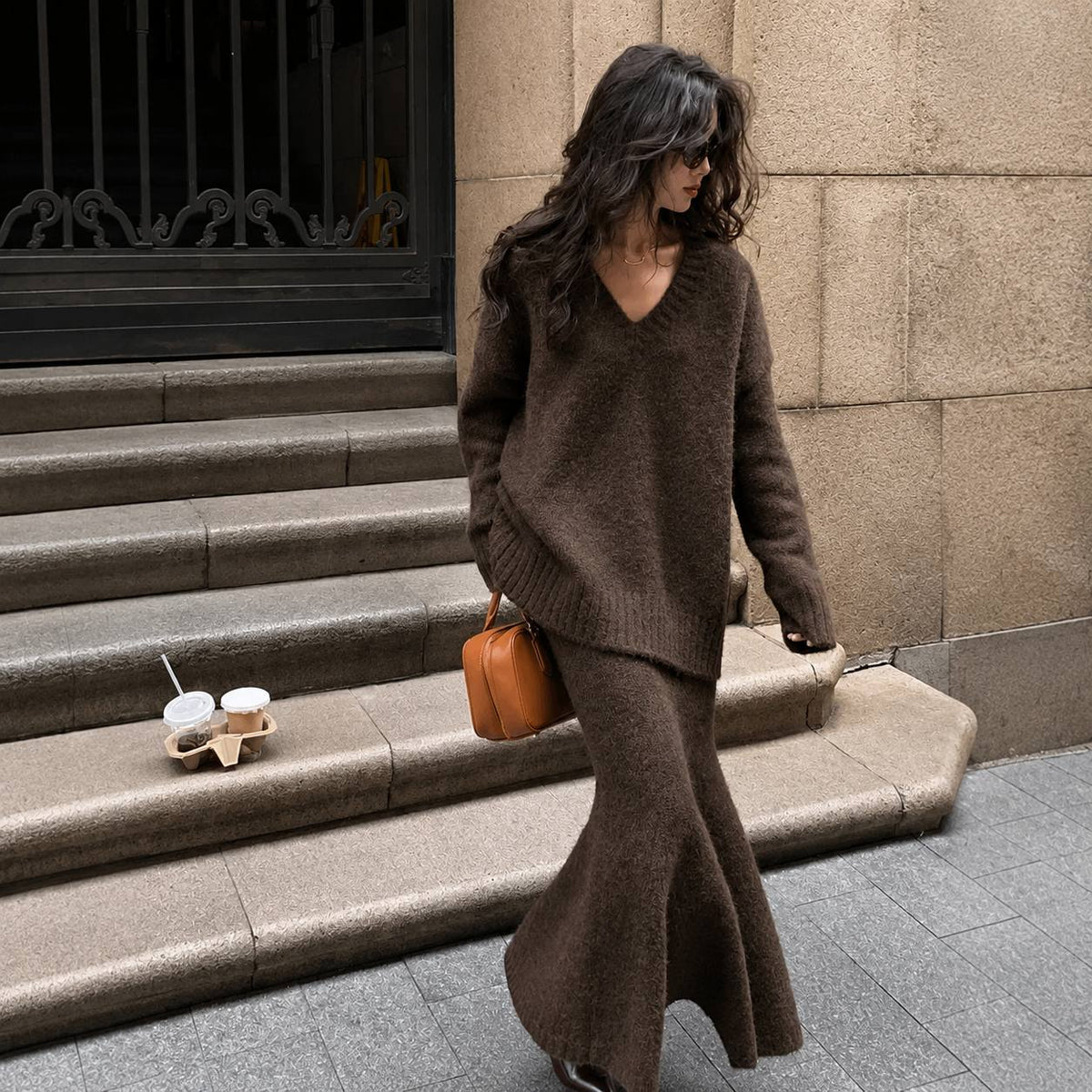 Women’s V-Neck Oversized Knit Sweater and Flared Maxi Skirt Two-Piece Set