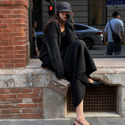 Women’s V-Neck Oversized Knit Sweater and Flared Maxi Skirt Two-Piece Set