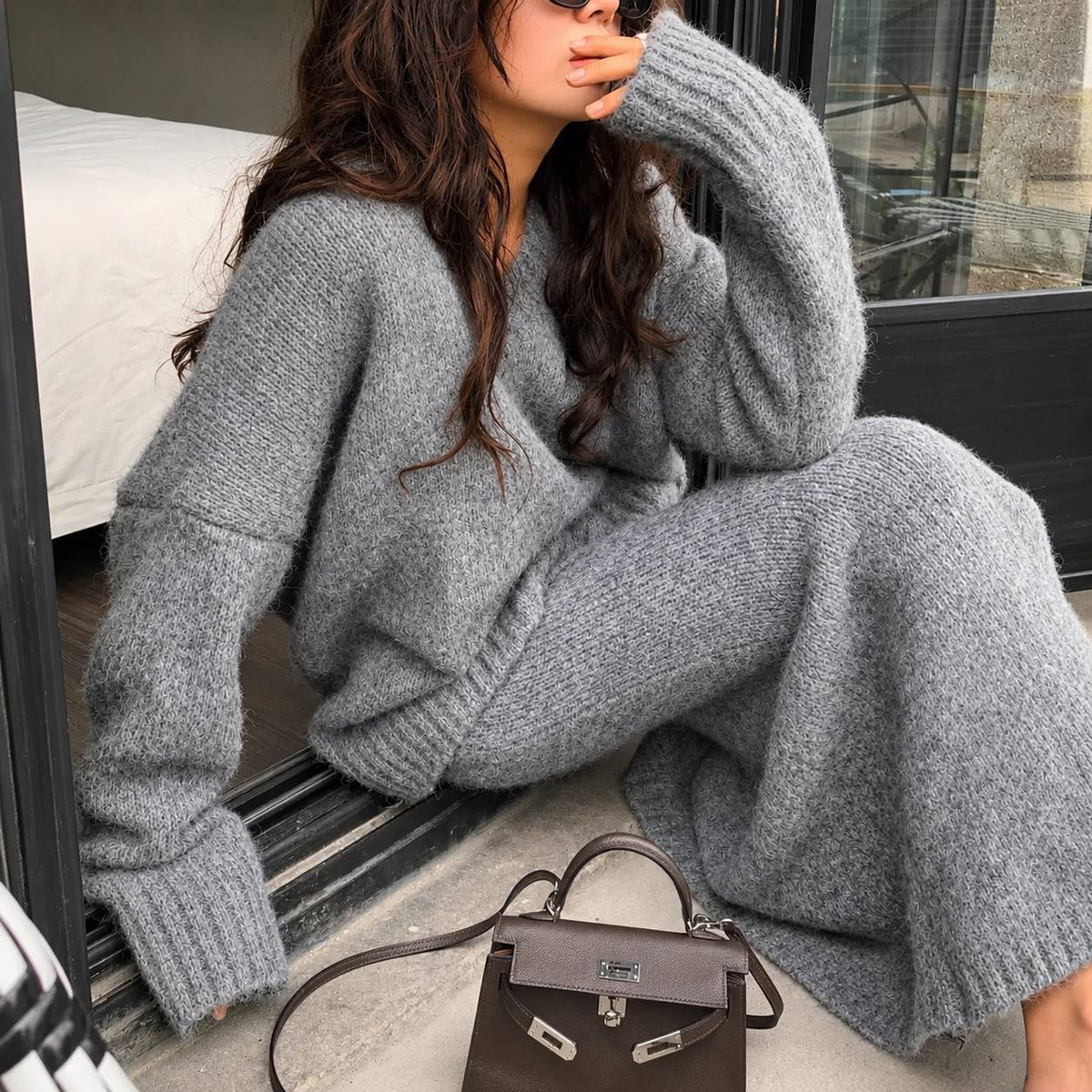Women’s V-Neck Oversized Knit Sweater and Flared Maxi Skirt Two-Piece Set