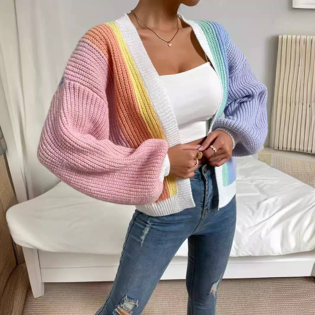 Women’s Chunky Knit Open-Front Cardigan with Balloon Sleeves and Contrast Trim