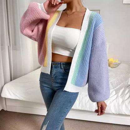 Women’s Chunky Knit Open-Front Cardigan with Balloon Sleeves and Contrast Trim