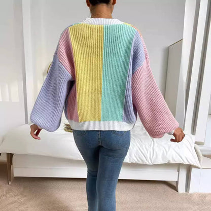 Women’s Chunky Knit Open-Front Cardigan with Balloon Sleeves and Contrast Trim