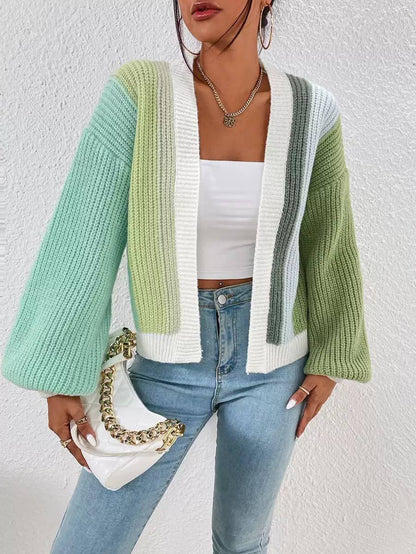 Women’s Chunky Knit Open-Front Cardigan with Balloon Sleeves and Contrast Trim