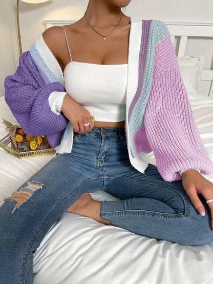 Women’s Chunky Knit Open-Front Cardigan with Balloon Sleeves and Contrast Trim