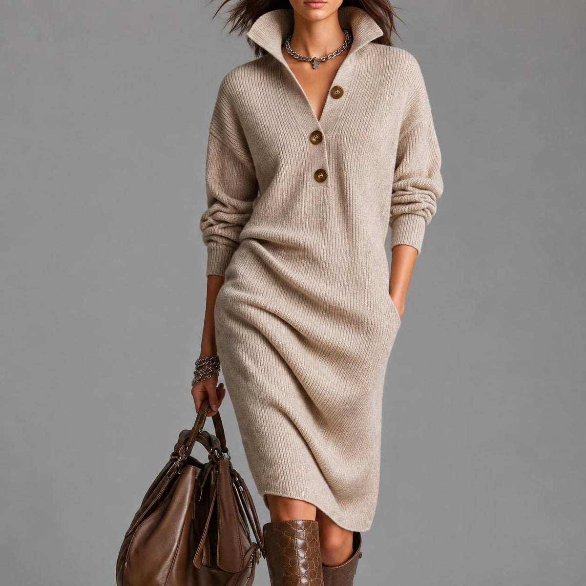 Women’s Ribbed Knit Midi Dress with High Collar & Button Detail