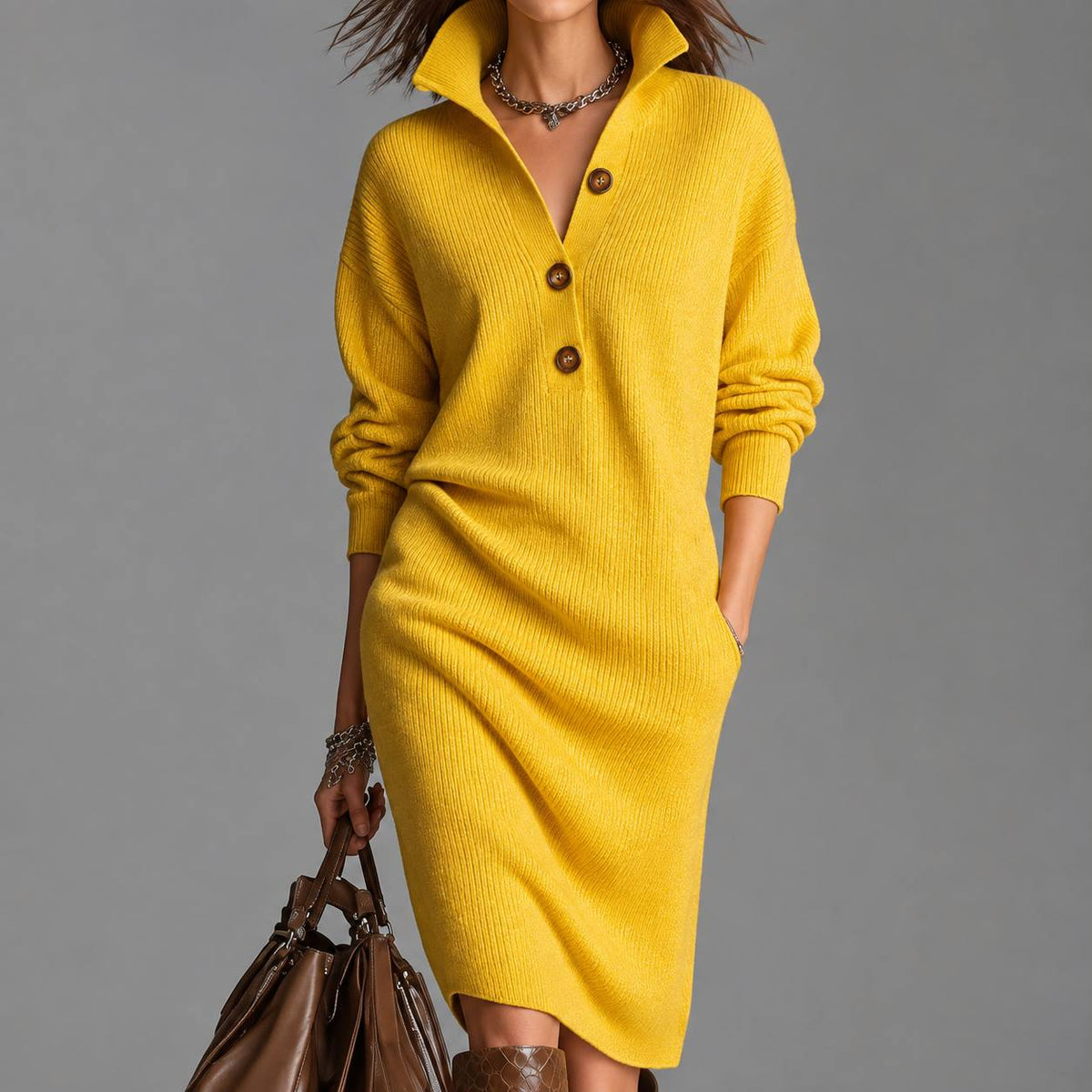 Women’s Ribbed Knit Midi Dress with High Collar & Button Detail