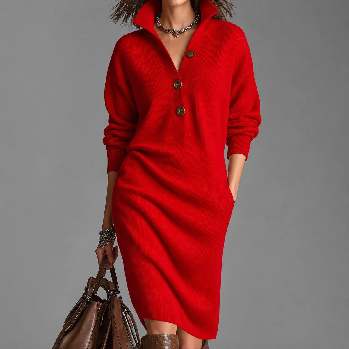 Women’s Ribbed Knit Midi Dress with High Collar & Button Detail