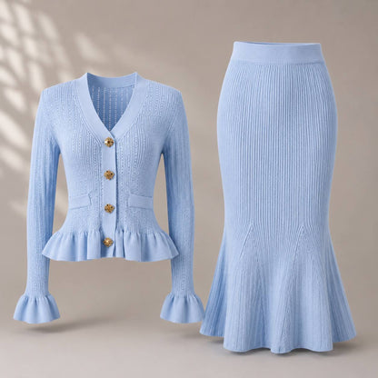 Women’s Ribbed Knit Two-Piece Set with Ruffle Cardigan & Mermaid Midi Skirt