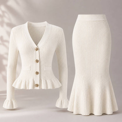 Women’s Ribbed Knit Two-Piece Set with Ruffle Cardigan & Mermaid Midi Skirt