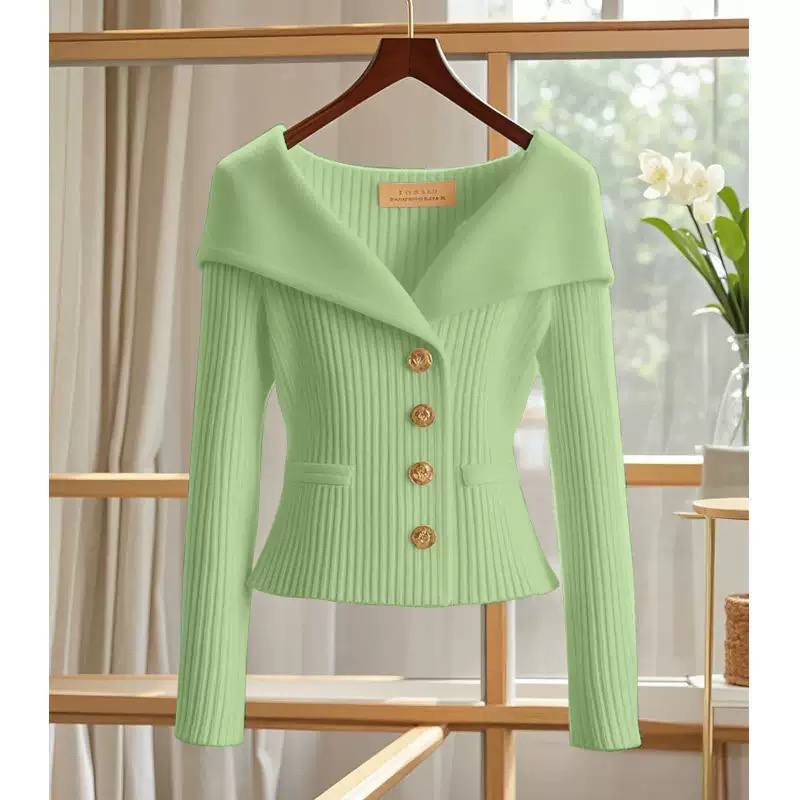 Women’s Elegant Ribbed Knit Cardigan with Wide Sailor Collar & Statement Buttons