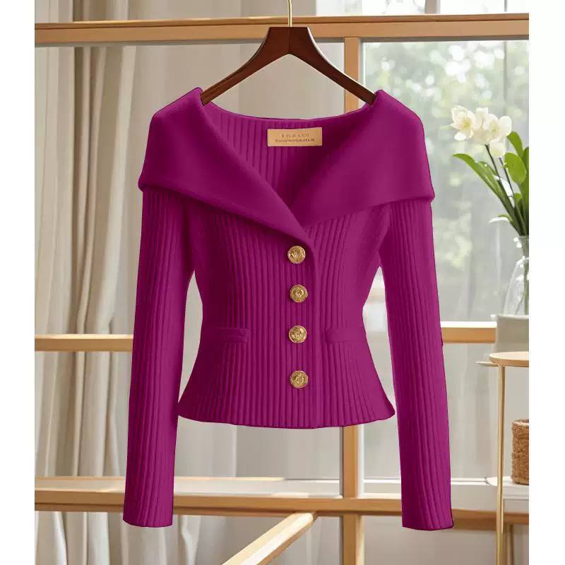 Women’s Elegant Ribbed Knit Cardigan with Wide Sailor Collar & Statement Buttons