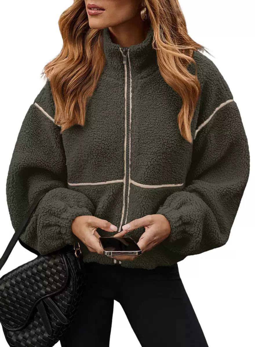 Women’s Cozy Sherpa Fleece Zip-Up Jacket with High Neck & Relaxed Fit