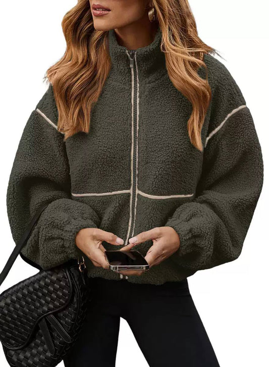 Women’s Cozy Sherpa Fleece Zip-Up Jacket with High Neck & Relaxed Fit
