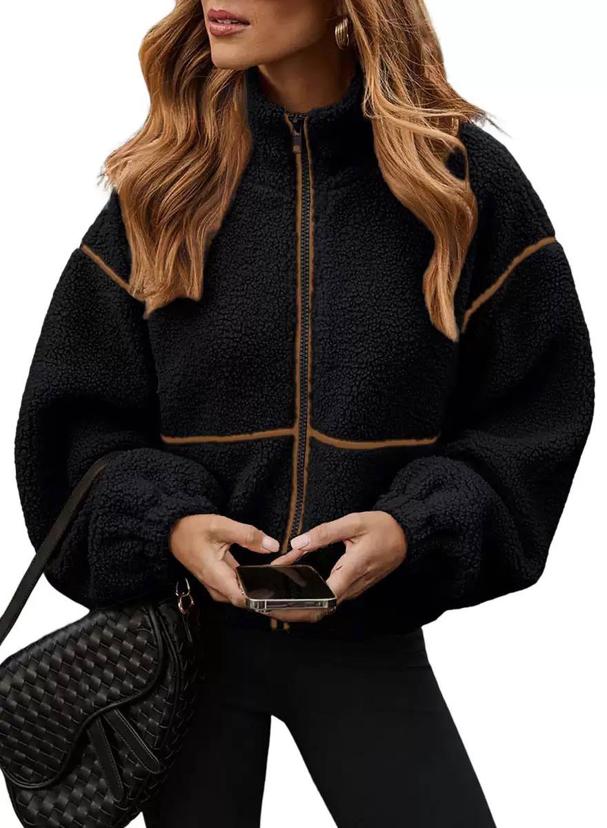 Women’s Cozy Sherpa Fleece Zip-Up Jacket with High Neck & Relaxed Fit