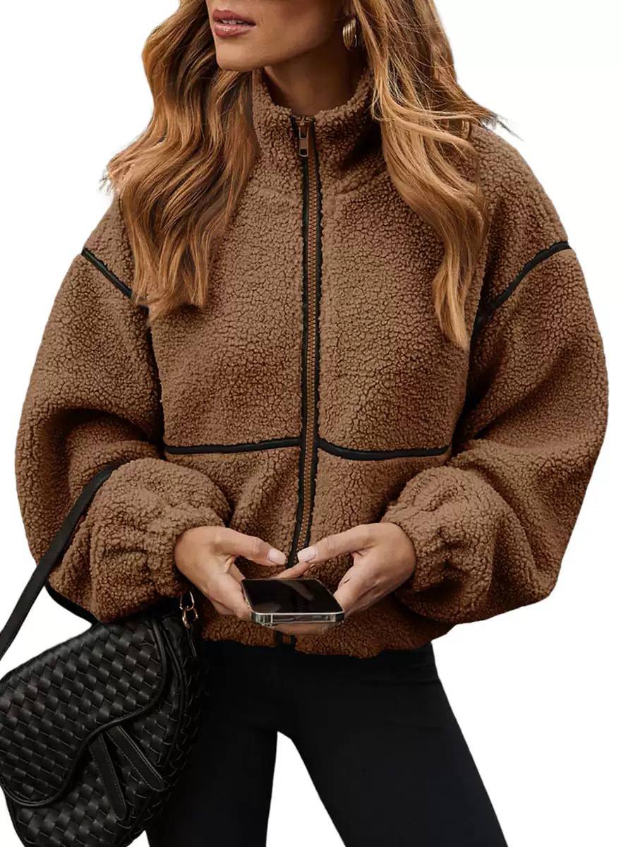 Women’s Cozy Sherpa Fleece Zip-Up Jacket with High Neck & Relaxed Fit