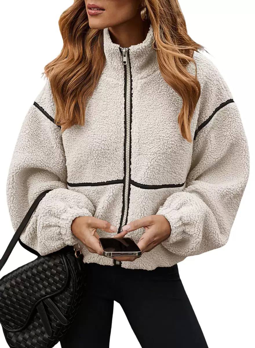 Women’s Cozy Sherpa Fleece Zip-Up Jacket with High Neck & Relaxed Fit