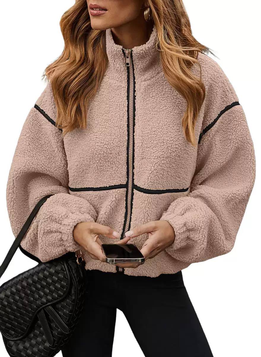 Women’s Cozy Sherpa Fleece Zip-Up Jacket with High Neck & Relaxed Fit
