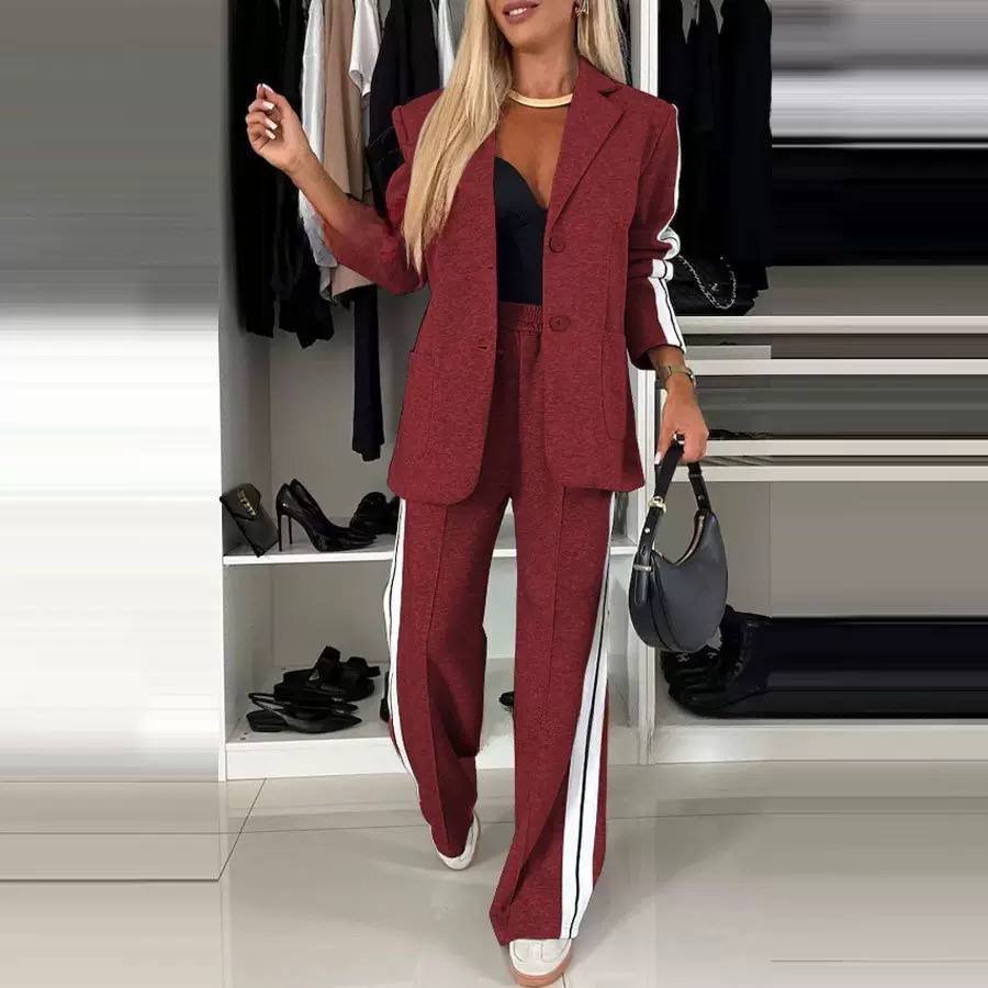 Women’s Tailored Two-Piece Suit Set with Blazer & Contrast Stripe Wide-Leg Trousers