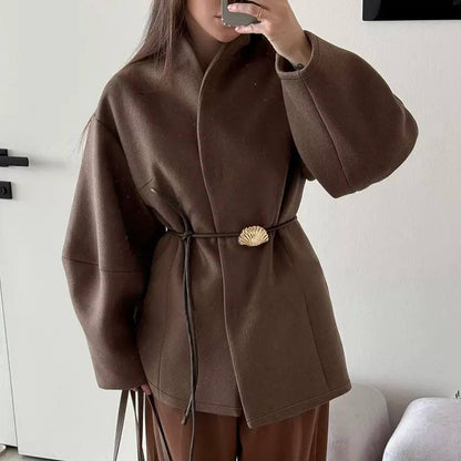 Women’s Draped High-Neck Jacket – Belted Waist Long-Sleeve