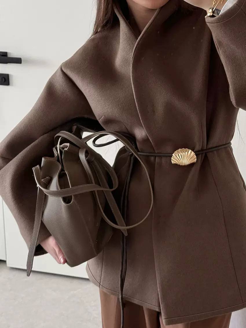 Women’s Draped High-Neck Jacket – Belted Waist Long-Sleeve