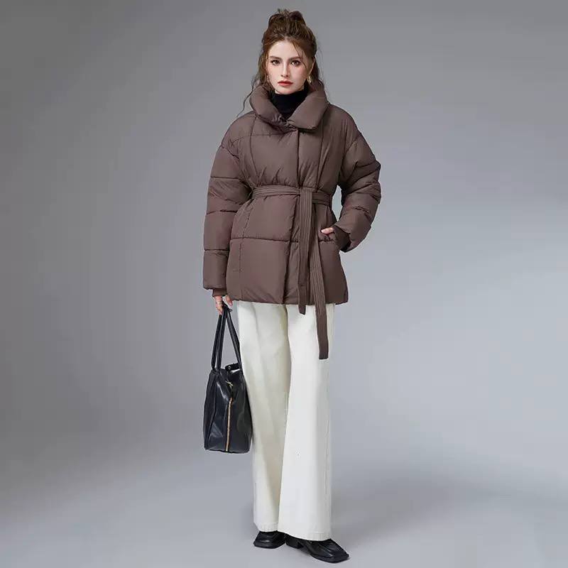 Women’s High-Neck Puffer Jacket – Belted Waist Relaxed Winter Coat