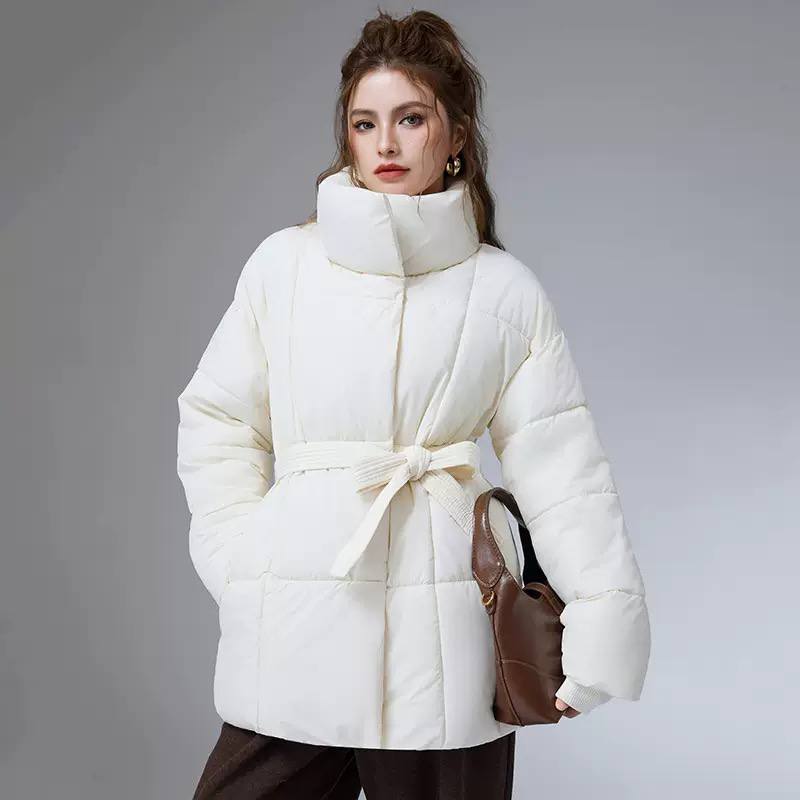 Women’s High-Neck Puffer Jacket – Belted Waist Relaxed Winter Coat