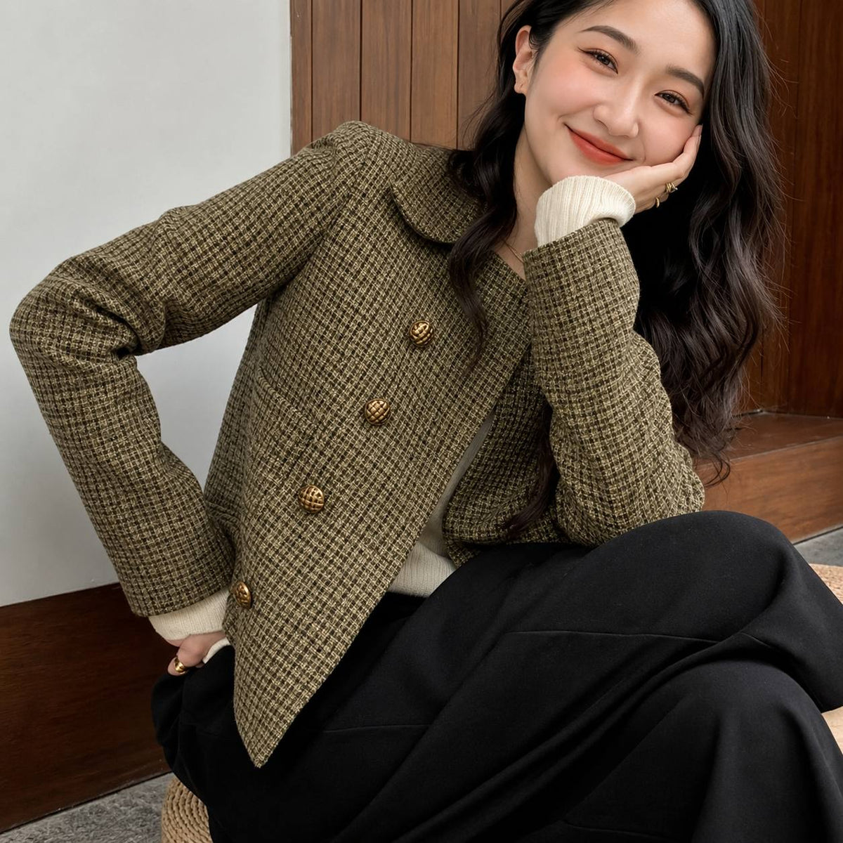 Women’s Textured Double-Breasted Cropped Blazer with Statement Buttons