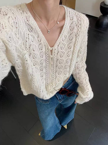 Women’s Openwork V-Neck Button-Front Knit Cardigan with Balloon Sleeves