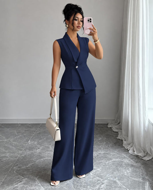 Women’s Sleeveless Tailored Blazer & Wide-Leg Trousers Suit Set