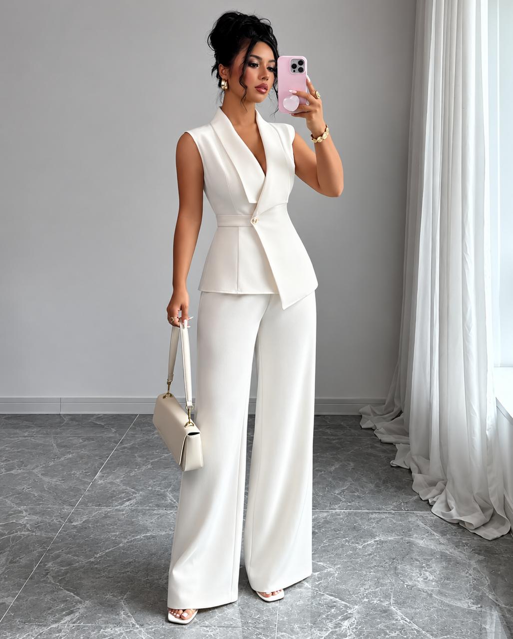 Women’s Sleeveless Tailored Blazer & Wide-Leg Trousers Suit Set