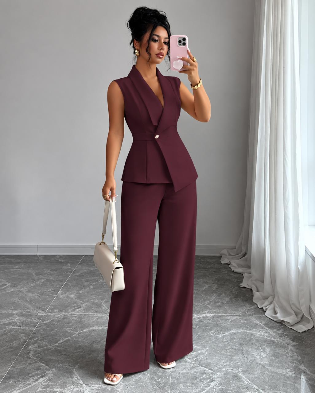 Women’s Sleeveless Tailored Blazer & Wide-Leg Trousers Suit Set
