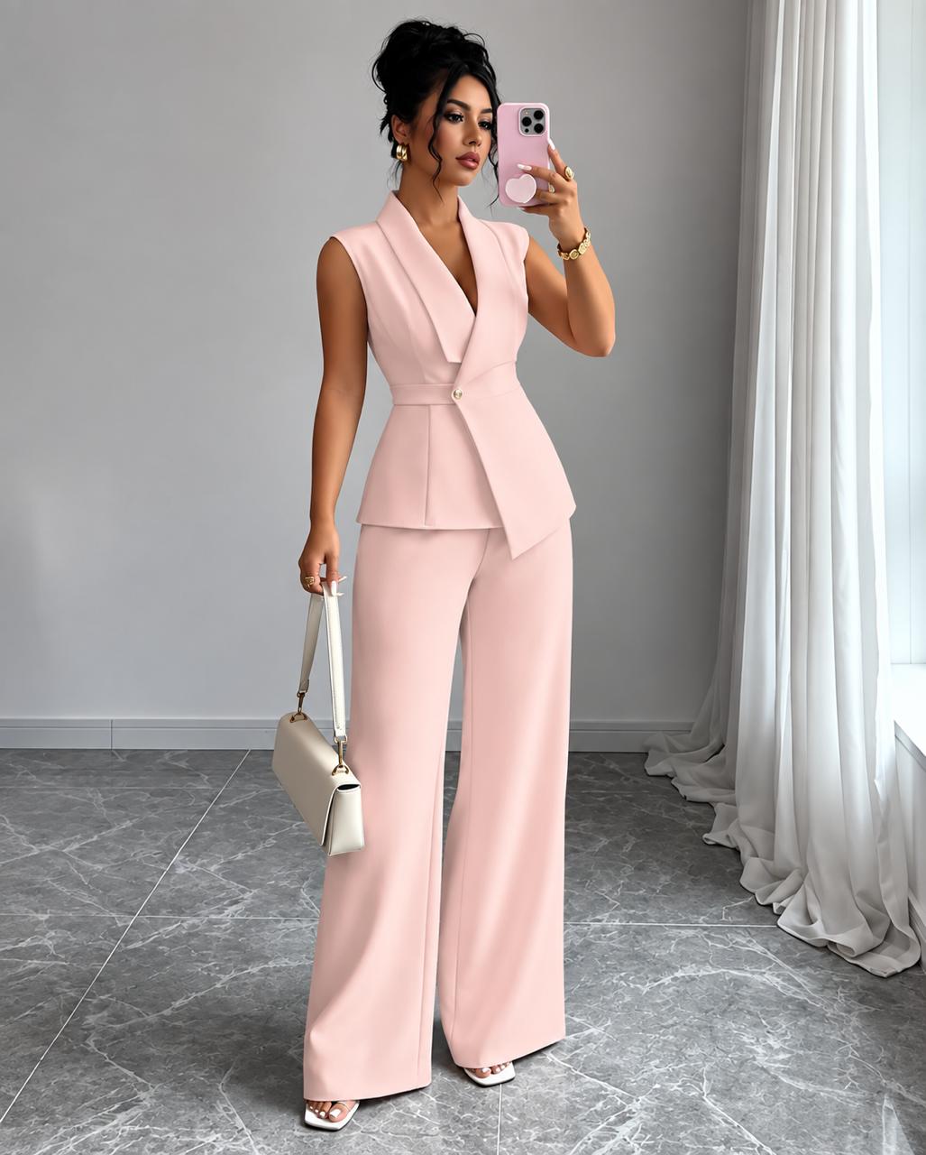 Women’s Sleeveless Tailored Blazer & Wide-Leg Trousers Suit Set