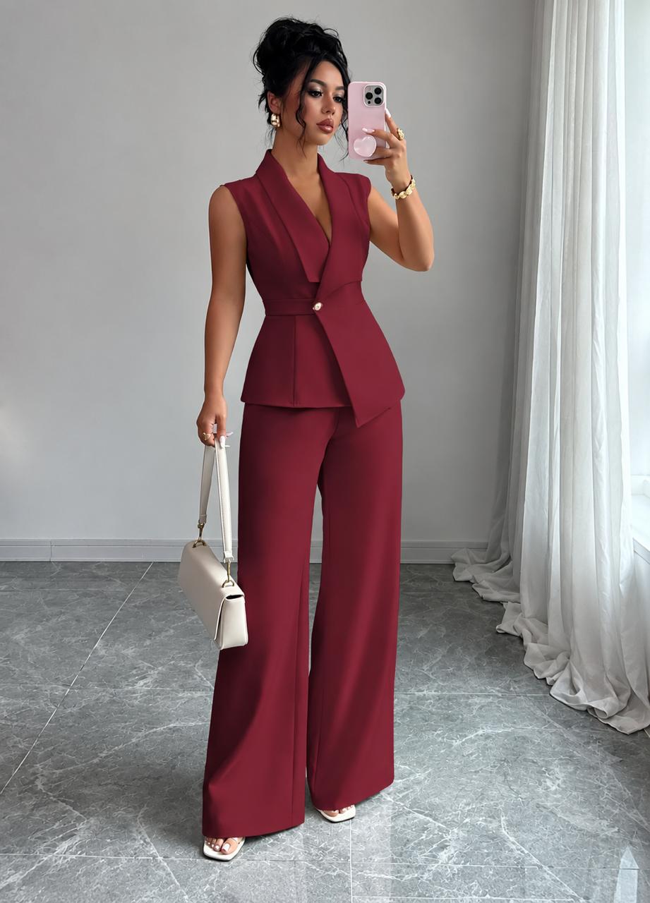 Women’s Sleeveless Tailored Blazer & Wide-Leg Trousers Suit Set