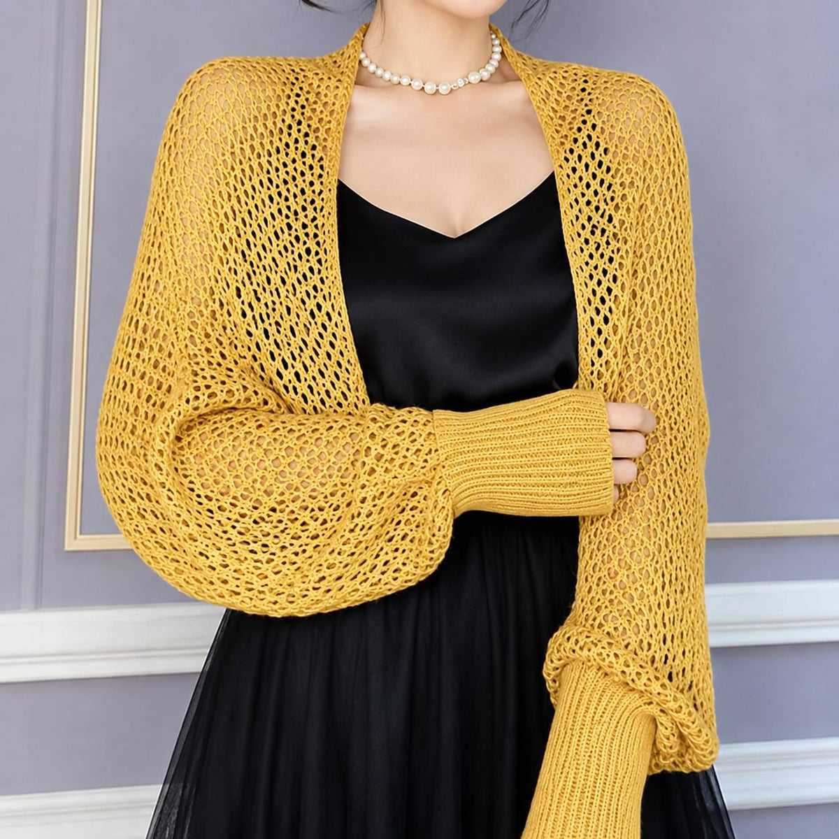 Women's Open-Knit Balloon-Sleeve Shrug Cardigan – Mustard