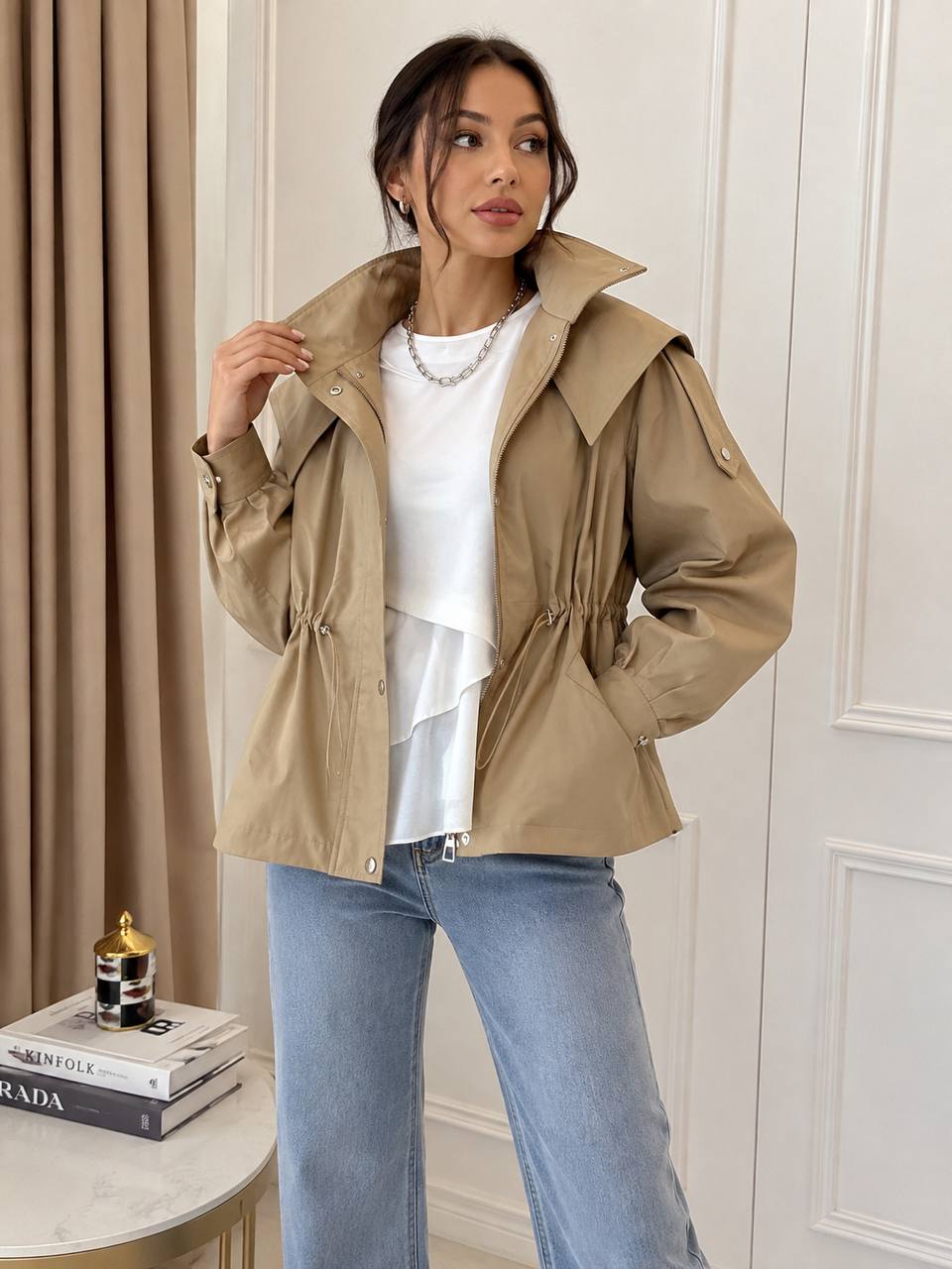 Women's Drawstring-Waist Hooded Utility Jacket – Beige