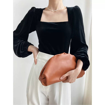 Women's Square-Neck Balloon-Sleeve Velvet Blouse – Black