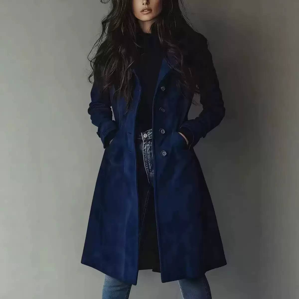 Women's Longline Button-Front Tailored Coat – Navy